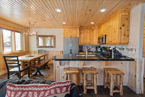 Kitchen with recessed lighting, appliances with stainless steel finishes, wainscoting, a peninsula, and wooden ceiling