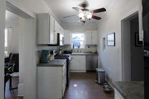 Kitchen featuring appliances with stainless steel finishes, crown molding, ceiling fan, dark wood-type flooring, and white cabinets