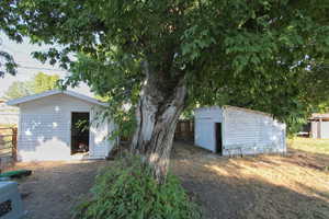 View of yard with a storage shed