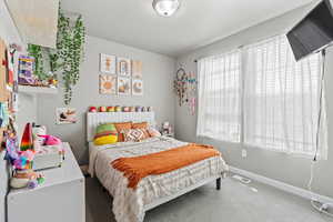 Carpeted bedroom with baseboards