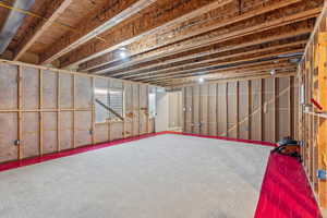 Basement family room featuring carpet, framed walls, and electric panel