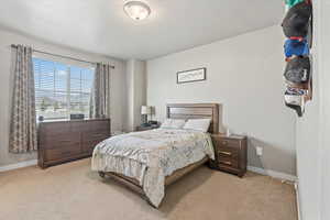 Primary bedroom with light carpet and baseboards