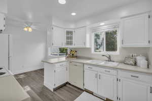 Kitchen featuring plenty of natural light, dark wood-style flooring, white appliances, light countertops, and recessed lighting