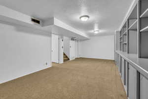 Finished below grade area featuring light carpet, a textured ceiling, and stairway