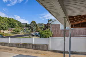 View of patio featuring a mountain view