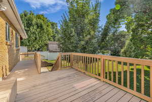 Wooden deck with a fenced backyard