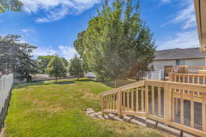 Fenced backyard with a deck