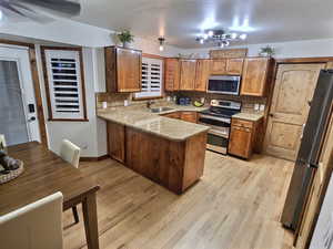 Kitchen featuring a peninsula, stainless steel appliances, backsplash, and brown cabinetry