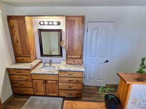 Bathroom with wood finished floors and vanity