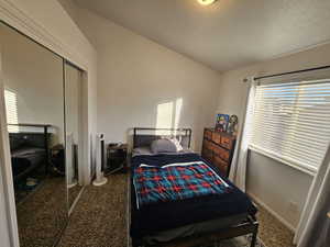 Carpeted bedroom with a textured ceiling, vaulted ceiling, and a closet