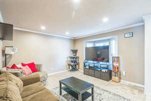 Living area with carpet flooring, crown molding, recessed lighting, and a textured ceiling