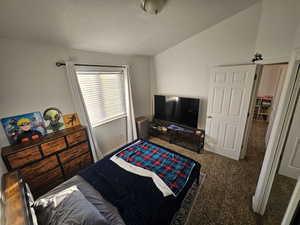 Bedroom featuring lofted ceiling, a textured ceiling, and carpet floors