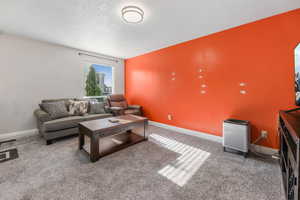 Living room featuring carpet floors and a textured ceiling