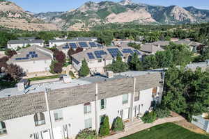 Aerial view of residential area with mountains