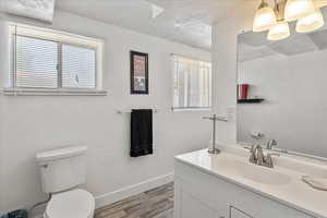 Bathroom with wood finished floors, vanity, and a textured ceiling