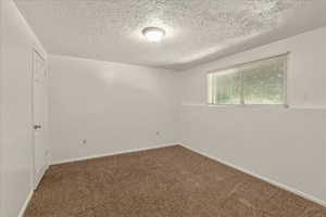 Carpeted empty room with a textured ceiling and baseboards