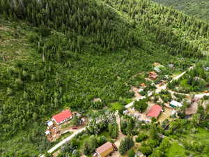 Aerial view of property's location featuring a forest