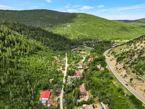Aerial view of property's location with a forest and a mountainous background