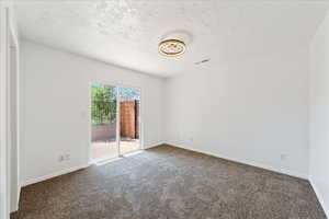 Spare room with carpet and a textured ceiling