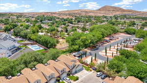 Aerial view of residential area with mountains
