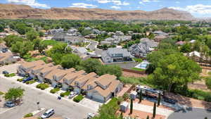 Aerial view of residential area with a mountain backdrop
