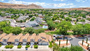 Aerial view of residential area with a mountain backdrop