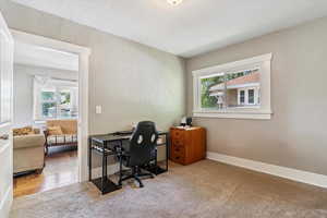 Carpeted home office with plenty of natural light