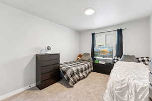 Bedroom with light colored carpet and baseboards