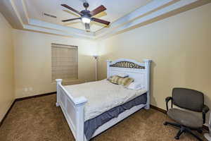 Carpeted bedroom featuring a tray ceiling and ceiling fan