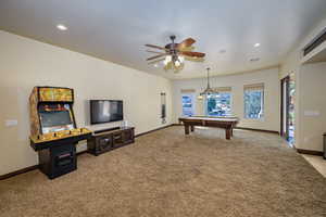 Playroom with carpet, billiards table, recessed lighting, and ceiling fan
