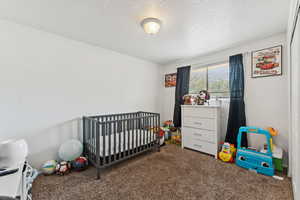 Carpeted bedroom with a crib and a textured ceiling