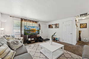 Carpeted living area with a textured ceiling