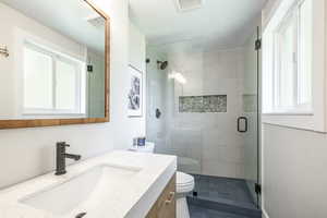 Full bath with vanity and a stall shower