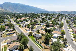Aerial perspective of suburban area featuring mountains