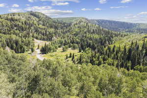 View of mountain backdrop featuring a heavily wooded area