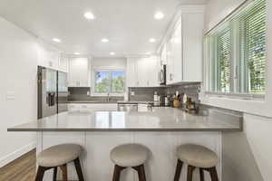 Kitchen featuring tasteful backsplash, a peninsula, stainless steel appliances, dark wood-style floors, and white cabinetry