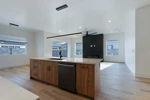 Kitchen featuring dishwasher, light wood-style floors, modern cabinets, an island with sink, and recessed lighting