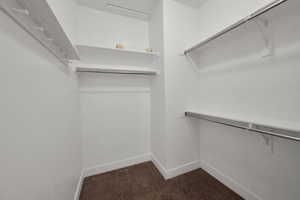 Spacious owner's suite closet featuring dark colored carpet