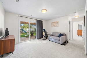 Living area with carpet floors