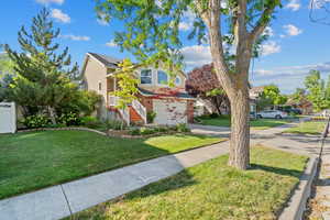 Obstructed view of property with a garage, driveway, roof mounted solar panels, and a front yard