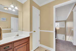 Bathroom with crown molding and vanity