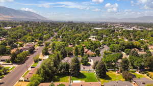 Aerial perspective of suburban area featuring mountains