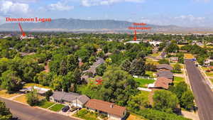 Aerial perspective of suburban area with mountains