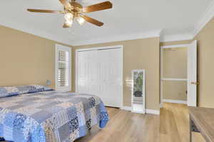 Bedroom with light wood-type flooring, a closet, crown molding, and ceiling fan