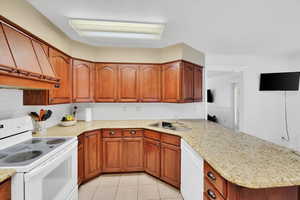 Kitchen featuring white appliances, custom exhaust hood, a peninsula, tasteful backsplash, and light stone countertops