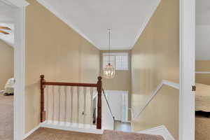 Stairs with carpet, ornamental molding, and a chandelier