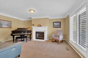 Living area featuring ornamental molding, healthy amount of natural light, a fireplace with flush hearth, and carpet floors