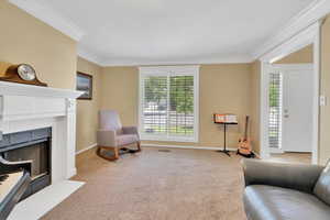 Living area with ornamental molding, a tiled fireplace, and carpet