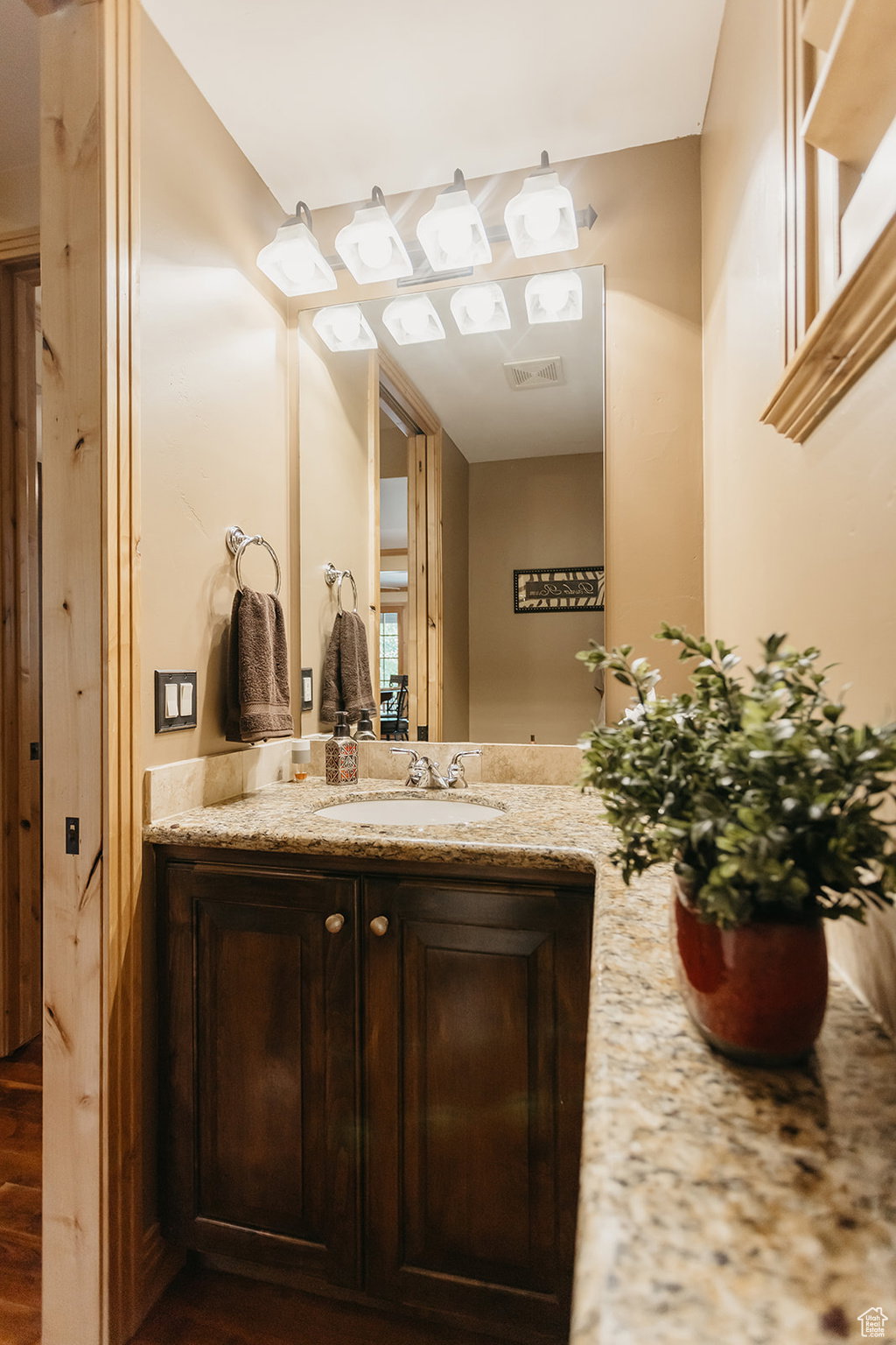 Bathroom featuring vanity and wood finished floors