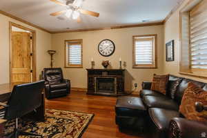 Living room with a fireplace, wood finished floors, plenty of natural light, ceiling fan, and ornamental molding